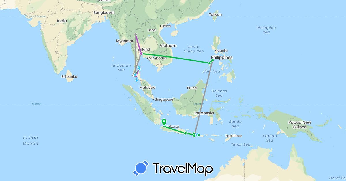TravelMap itinerary: driving, bus, plane, train, boat in Indonesia, Philippines, Thailand (Asia)